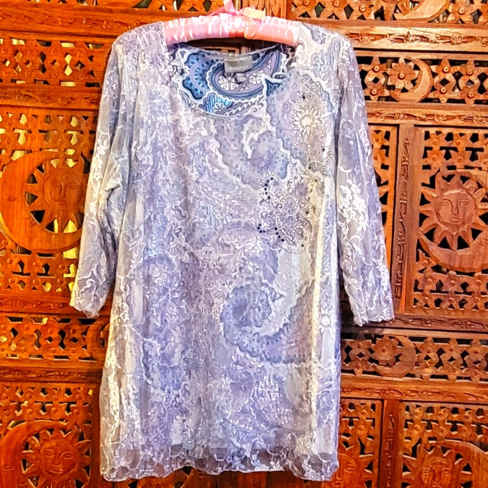 Essentials multi color lace overlay sheer 3/4 sleeve rhinestone blouse top